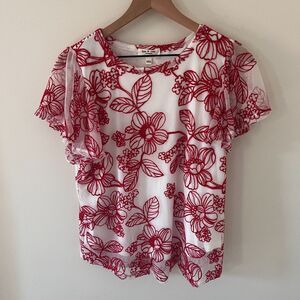 Kim & Kami Red White Embroidered Shirt Blouse Short Sleeve Flowy - Large